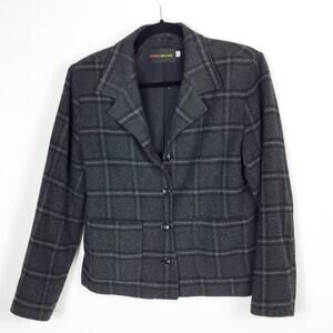 Harris Wallace Womens Wool Blazer Window Pane USA Grey Medium